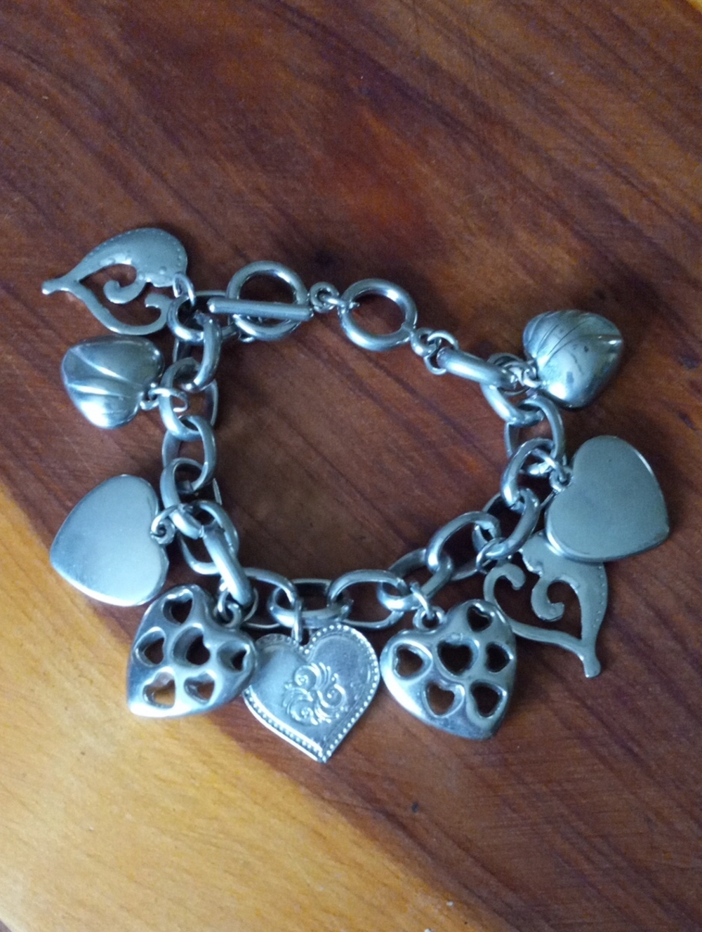 Chunky Silver Tone Metal Heart Charm Bracelet - Women's Jewelry